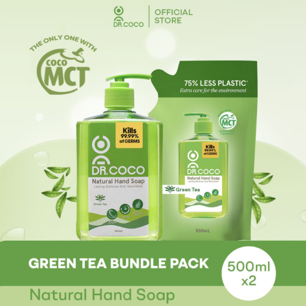 Dr. Coco Natural Antibacterial Hand Wash Soap  Green Tea Bundle Pack  500ml x 2
